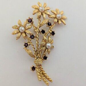 Vintage AAi Statement Brooch w/ Yellow Gold Tone, Faux Pearls & Pink Sparkle!